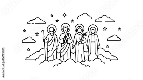Christian Saints Line Art Illustration with Clouds and Stars