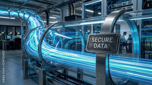 Luminous blue fiber optic data streams flowing through transparent conduit tubes in a high-tech server room data center with a Secure Data metal plaque and server racks background.