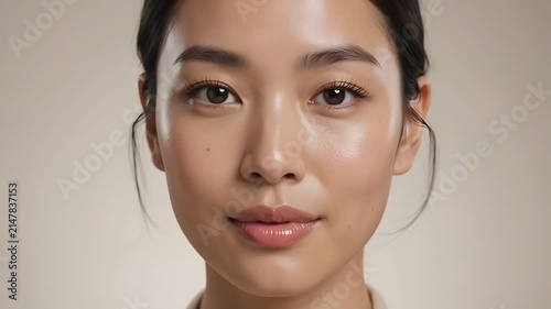 Elegant young asian woman with radiant skin in a soft silk robe