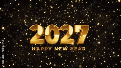 Animation luxury golden 2027 Happy New Year celebration with sparkling glitter on black background.