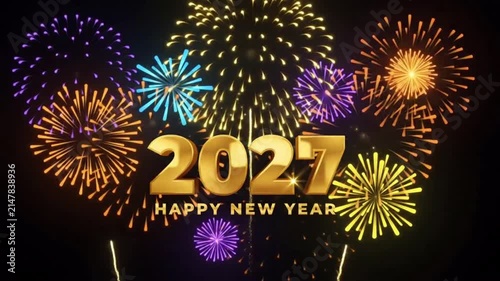 Animation luxury golden 2027 Happy New Year celebration with fireworks on black background.
