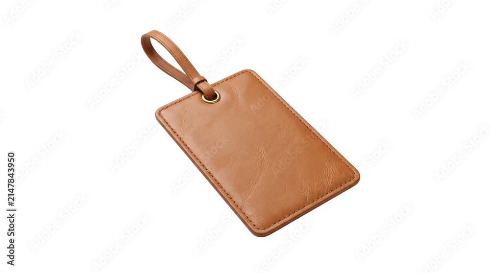 Obraz premium Brown leather luggage tag with strap, premium tan travel bag identifier, blank leatherette suitcase label for vacation and business trips isolated PNG with Transparent Background
