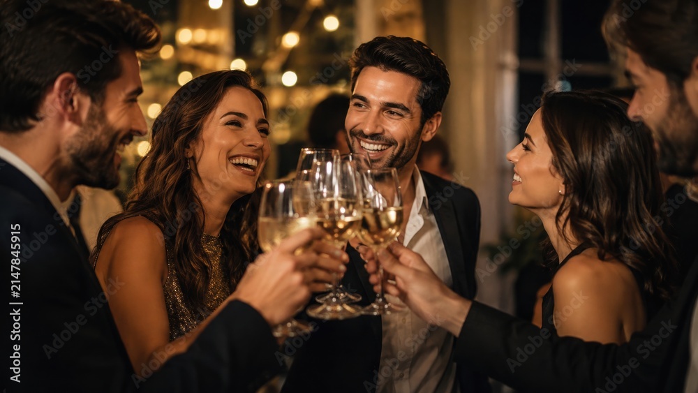 Fototapeta premium Friends at a party holding wine glasses to make a toast together indoors.
