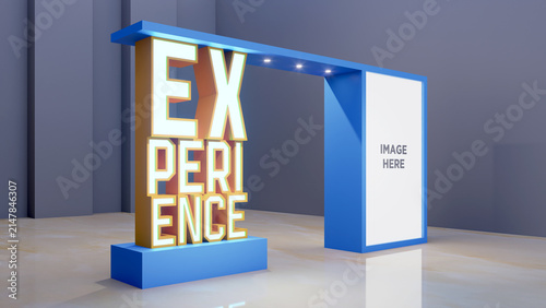3d illustration gate entrace EXPERIENCE big text with blank space logo company digital futuristic technology decoration for event exhibition. high resolution image.