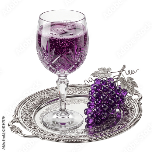 Crystal goblet filled with purple wine stands on an ornate silver platter next to a decorative grape cluster isolated on a white background.