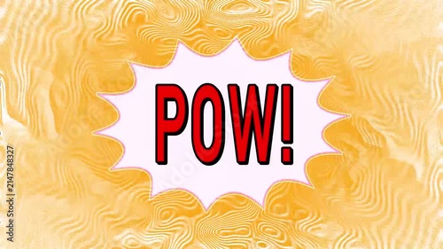 Pow comic text pop art style on speech bubble explosion with yellow sunburst rays background for soccer sports match transition