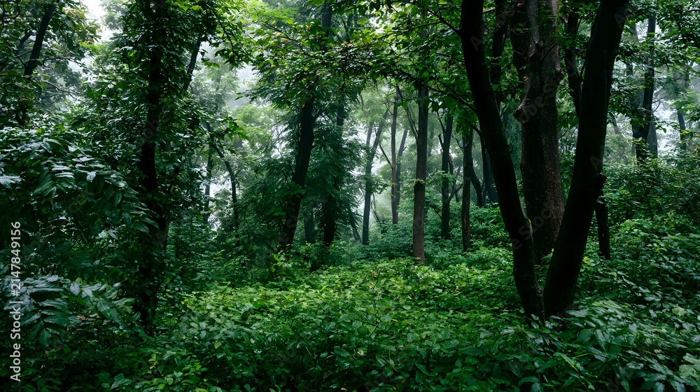 Fototapeta premium A lush forest canopy with dense green foliage and tall trees under soft diffused light creating a serene natural environment
