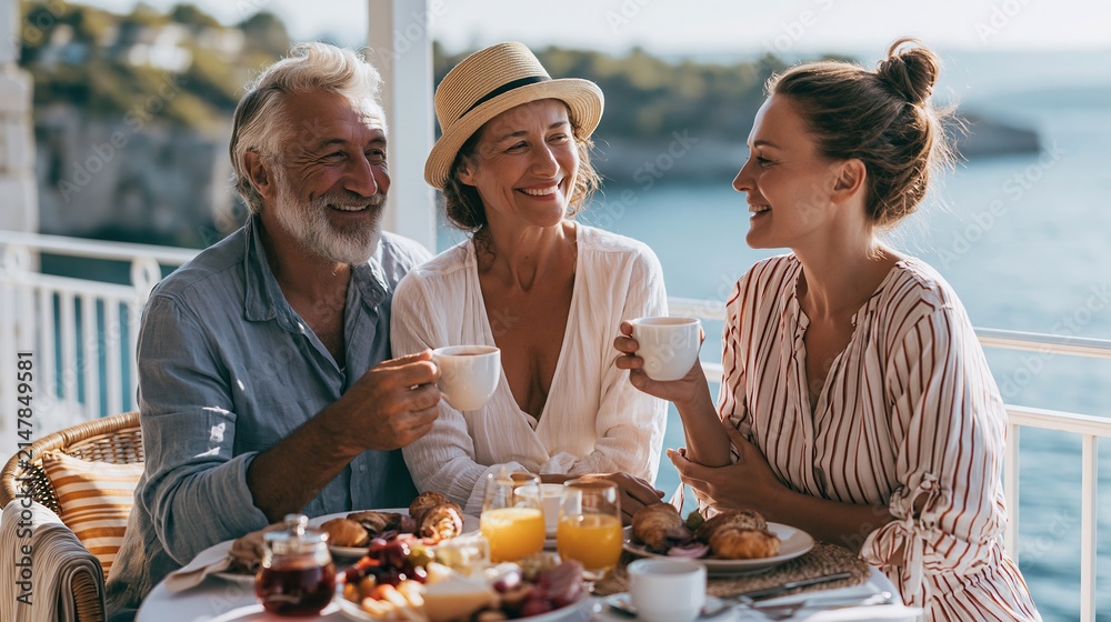 Fototapeta premium Happy multi-generational family enjoying a scenic breakfast outdoors by the sea
