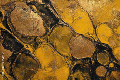Abstract fluid art with swirling gold, yellow, and black tones, creating organic marbled textures and dynamic liquid movement.