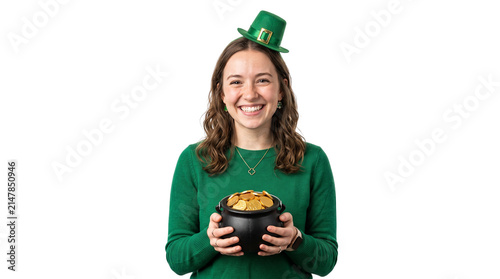 St. Patrick's Day celebration woman holding pot of gold, happy girl in green sweater with leprechaun hat, festive Irish holiday concept on white background