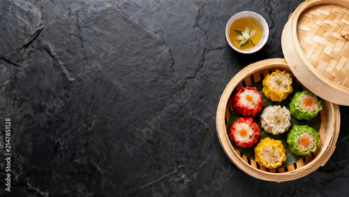 Dim Sum Assortment in Bamboo Steamer with Jasmine Tea