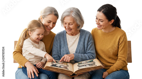 Multigenerational family looking at photo album, four generations of women sharing memories, happy grandmother and granddaughter with family history book