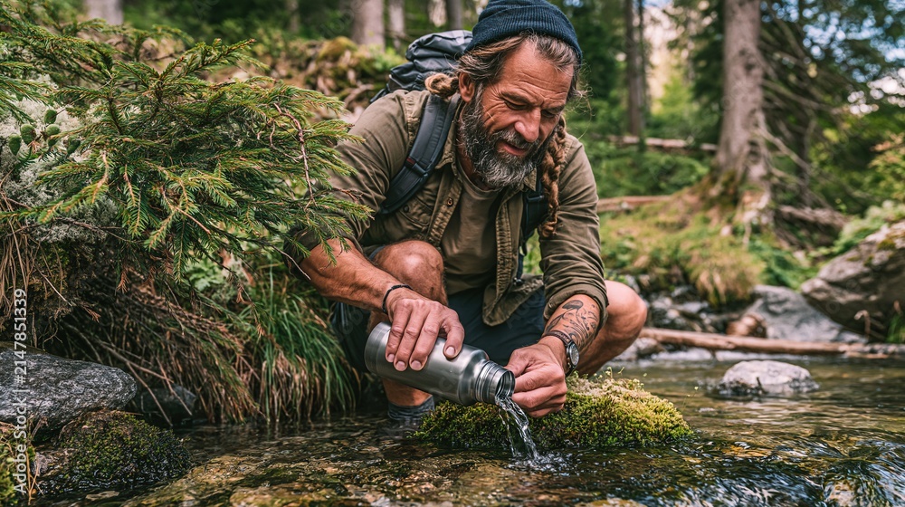 Fototapeta premium Bearded hiker in forest filling reusable water bottle from clear stream during wilderness adventure
