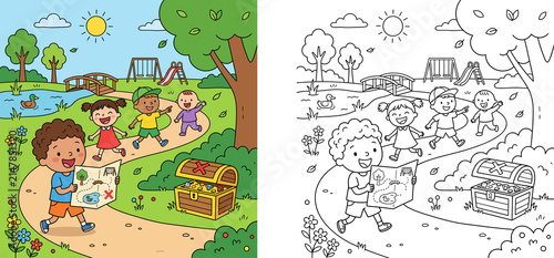 Obraz na plátně Kids Treasure Hunt Adventure in Park Vector Illustration and Coloring Page Set w