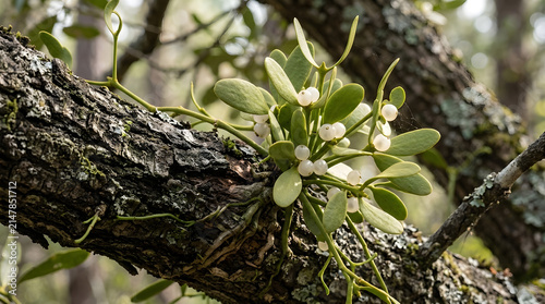 A close-up shot of green epiphytic orchid plants growing naturally on a tree trunk outdoors.