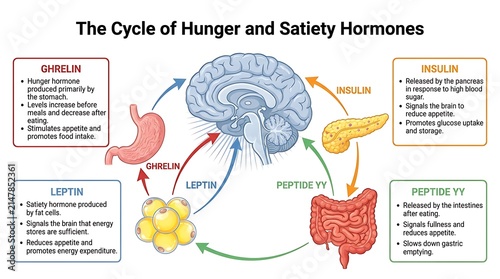 Cycle of hunger and satiety hormones medical chart with hormones, physiology