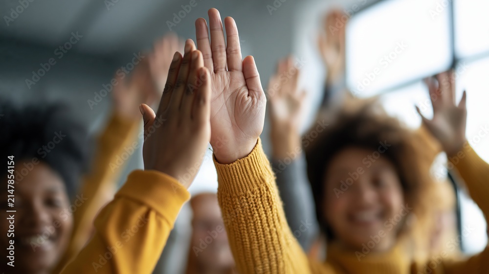 Obraz premium Diverse group of colleagues celebrating success with a high five and smiles, conveying teamwork and achievement in the workplace.