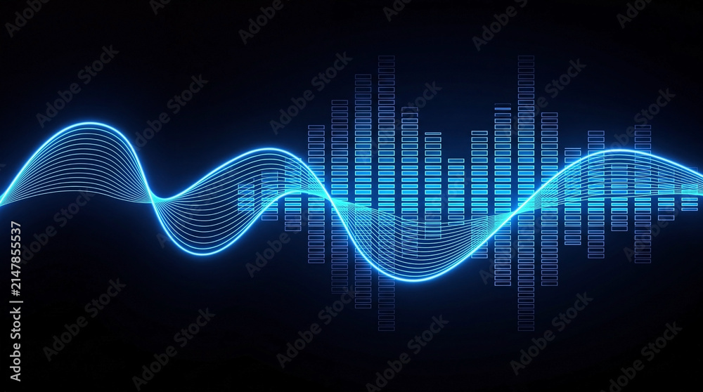 Fototapeta premium Abstract blue light wave frequency flowing over digital bars