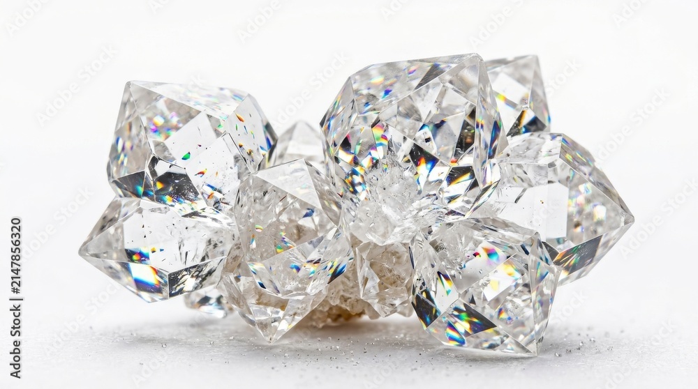 Fototapeta premium Sparkling cluster of raw uncut diamonds showing natural crystal structure and brilliant light refraction on a clean white background