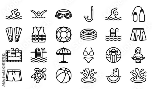Swim and Aquatic Activity Line Icons with Beach Pool and Diving Equipment Editable Stroke