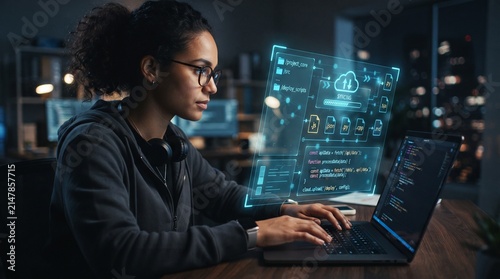 Focused female programmer driving digital innovation through advanced technology, coding on a laptop with a futuristic holographic interface, embodying modern software development