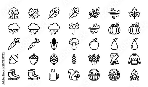Autumn Season Line Icons Set with Tree Foliage Harvest and Weather Editable Stroke Vector