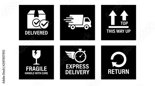 Solid White Flat Icon Set on Black Square Background - 6 Vector Illustrations for Web and UI Design