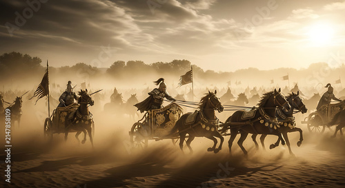 Ancient warriors riding war chariots across a dusty battlefield at sunset