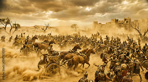 Epic cinematic scene of an ancient battle with chariots and soldiers fighting in a dusty desert landscape