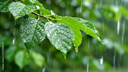Refreshing Raindrops on Vibrant Green Leaves in Lush Forest Canopy During a Gentle Summer Shower