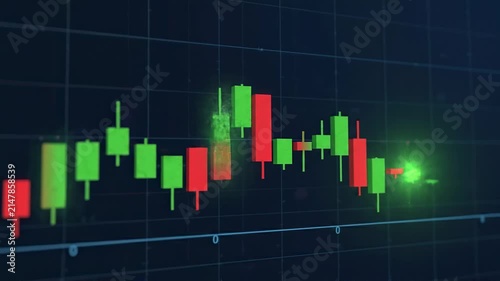 A detailed view of a modern financial chart with glowing candlesticks, symbolizing stock market fluctuations and data-driven investment decisions on a dark digital display