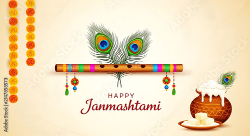 Happy janmashtami greeting card with peacock feathers, flute, and butter pot
