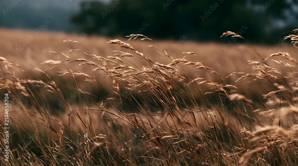 Obraz premium Golden grasses sway gently in a sunlit field under soft earthy tones and blurred background trees
