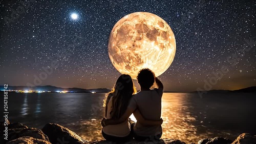 Romantic Couple Embraces Under a Giant Moonlit Sky Over Calm Sea