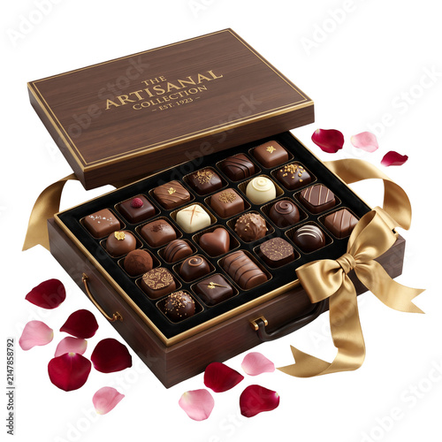 Chocolate gift box filled with gourmet truffles and pralines rests beside golden ribbon and rose petals.