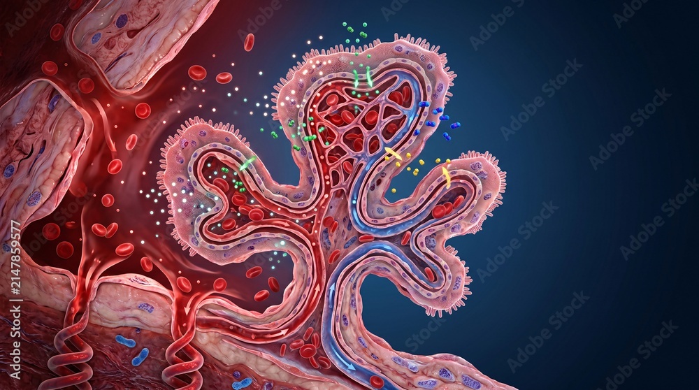 Naklejka premium Microscopic 3D rendering of human intestinal villi absorption mechanism with nutrients and minerals entering capillaries