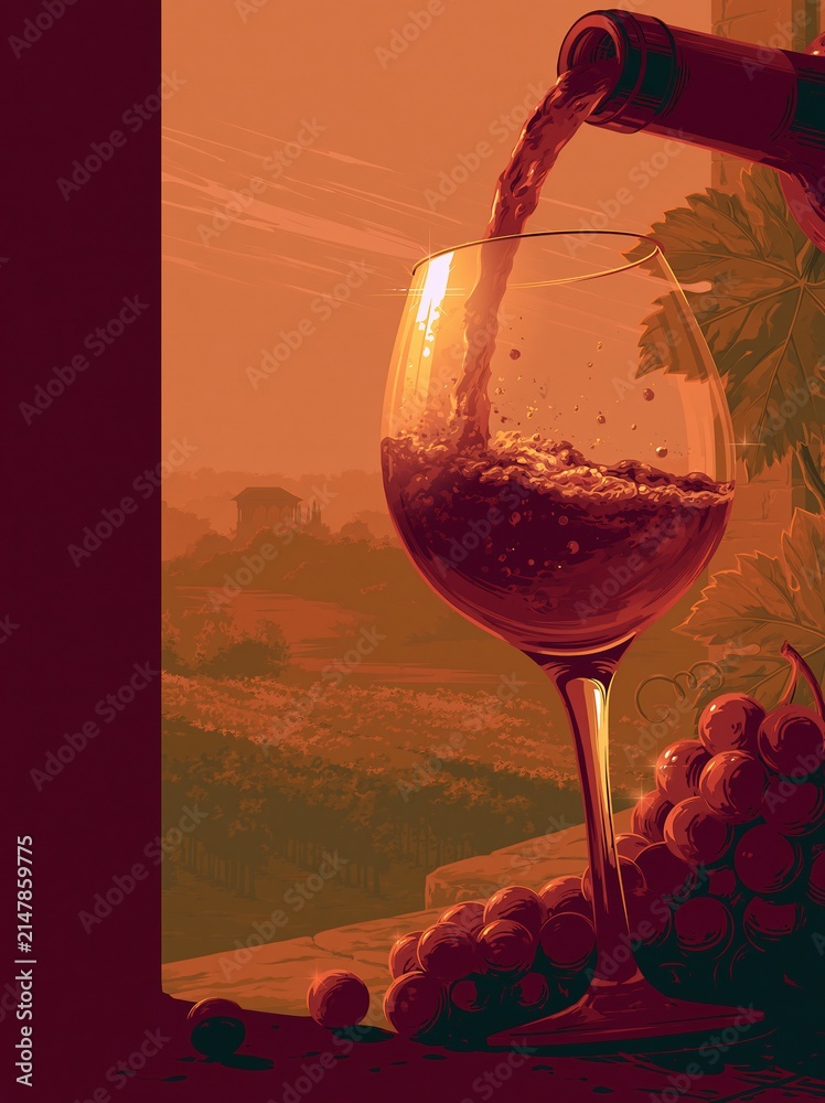 Obraz premium Elegant red wine being poured into a crystal glass with ripe grapes and vineyard landscape at sunset