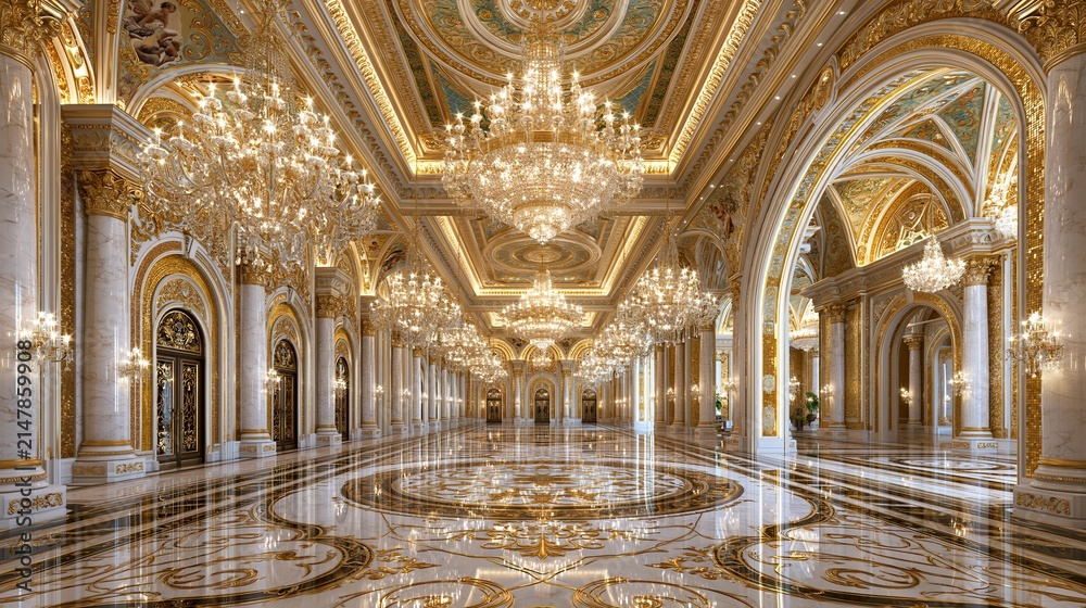 Fototapeta premium Grand Opulent Ballroom Hallway with Crystal Chandeliers and Marble Flooring