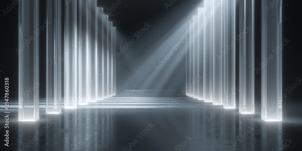 Fototapeta premium Abstract Futuristic Corridor with Dramatic Light Rays Illuminating Reflective Floor and Tall Pillars