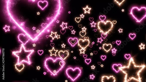 Sparkling Neon Hearts and Stars Animated Background Loop, Romantic and Festive Celebration of Love