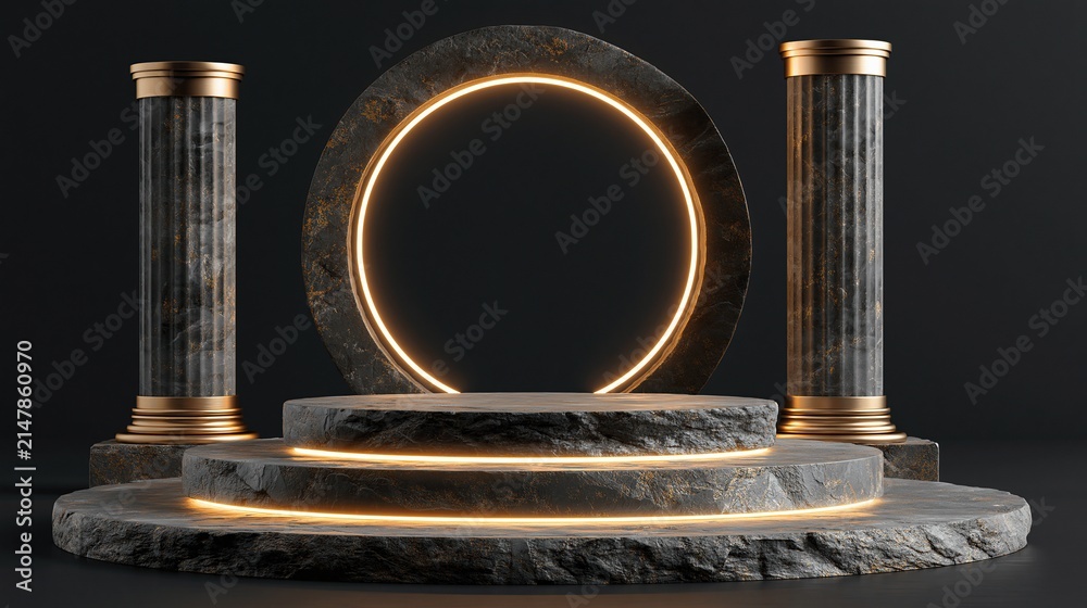 Fototapeta premium Luxurious Stone Pedestal Stage with Golden Neon Ring and Ancient Columns, Ideal for Product Displays