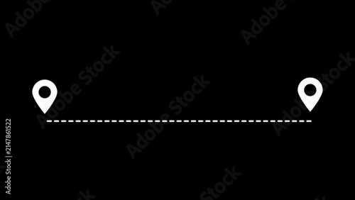Obraz na płótnie Two white map location pins connected by a straight dashed line path on a black