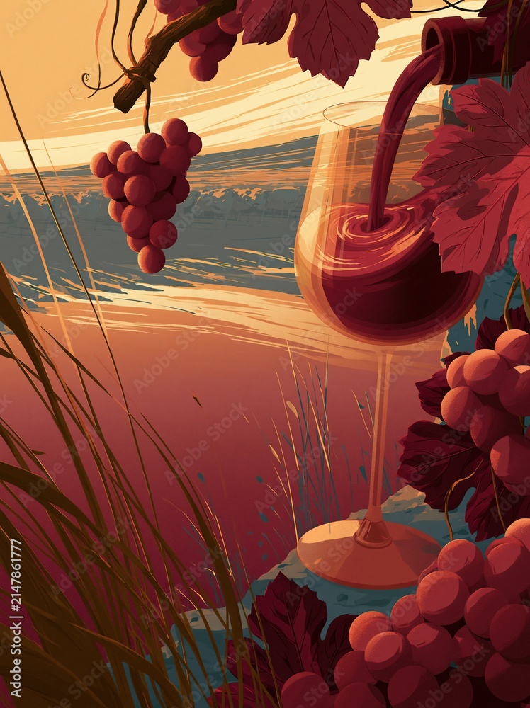 Obraz premium Red wine being poured into a glass surrounded by grapevines and vines against a sunset backdrop