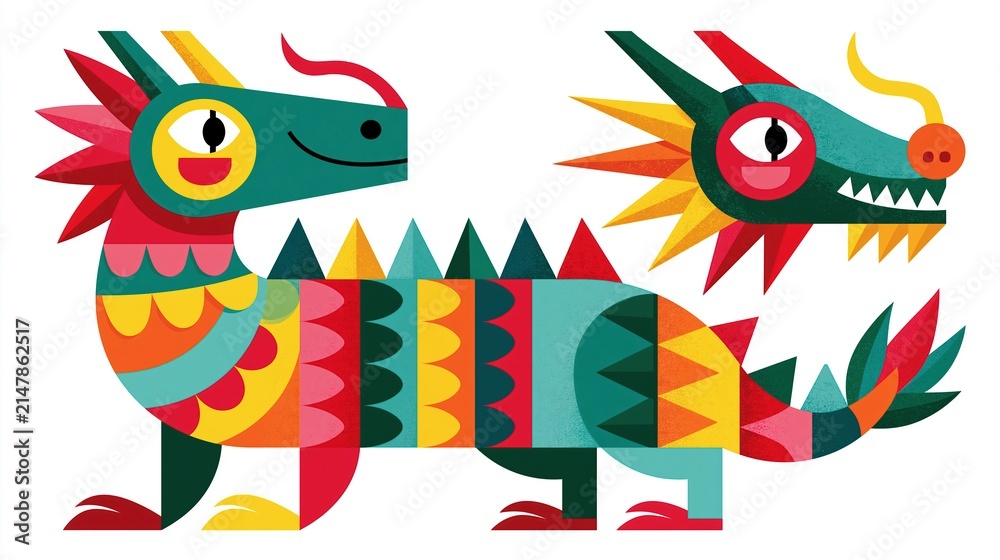 Naklejka premium Colorful Geometric Chinese Dragon Illustration for Festive Celebrations and Cultural Art