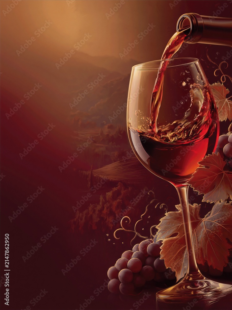 Obraz premium Elegant Red Wine Pouring into Glass with Grapes and Vineyard Background
