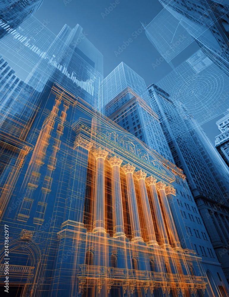 Fototapeta premium Architectural Blueprint of Classic Building Facade with Modern Skyscrapers Overlay