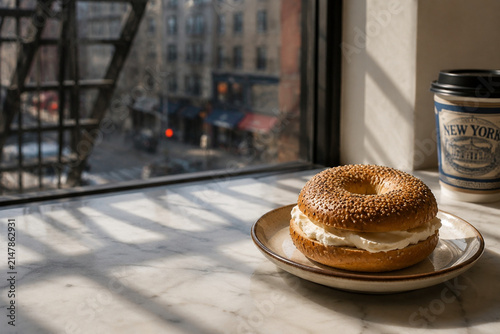 New York bagel with cream cheese and fire escape shadow, urban breakfast moment.