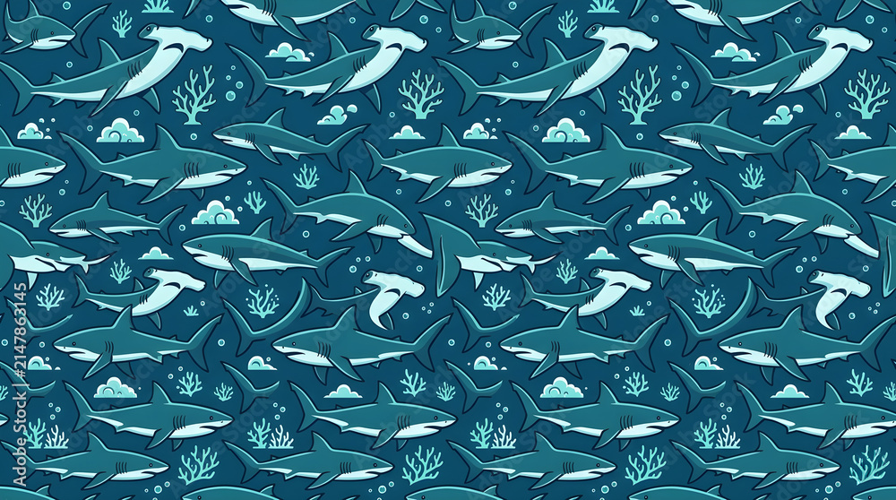 Seamless pattern featuring blue marine life elements including whales and underwater waves.