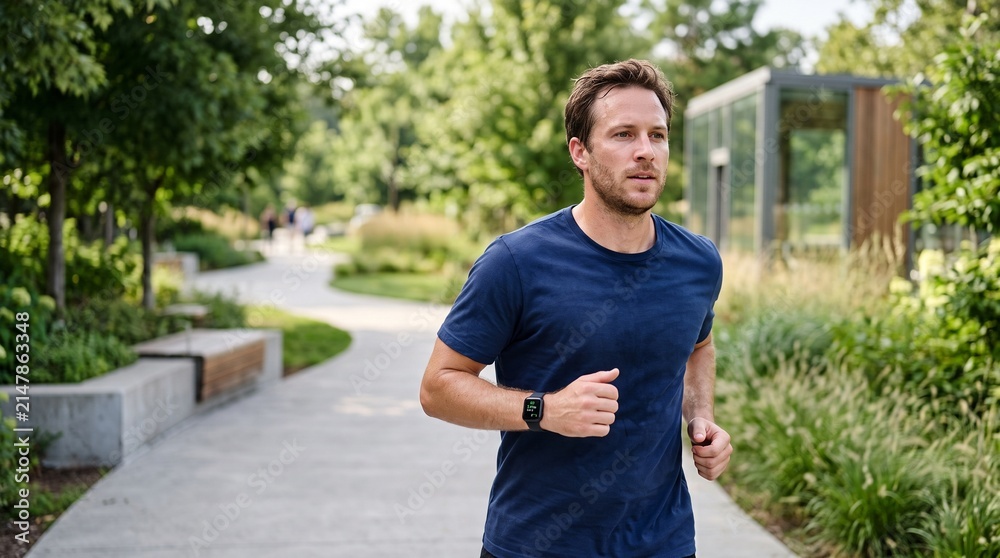 Fototapeta premium Caucasian man running outdoors in modern park wearing smartwatch for fitness.
