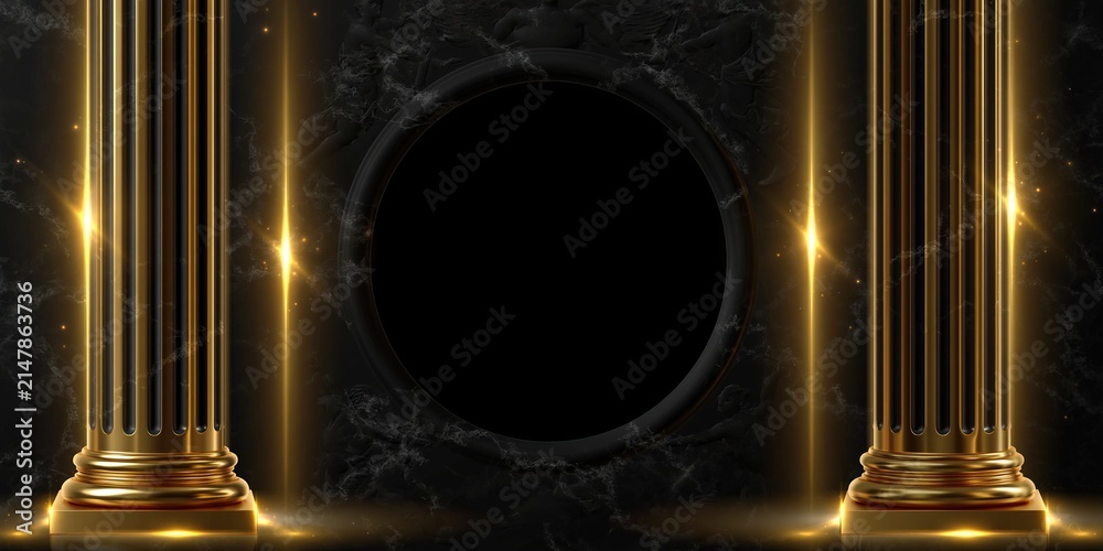 Fototapeta premium Glowing golden pillars frame a dark circular void against a black marble background with sparkling light effects